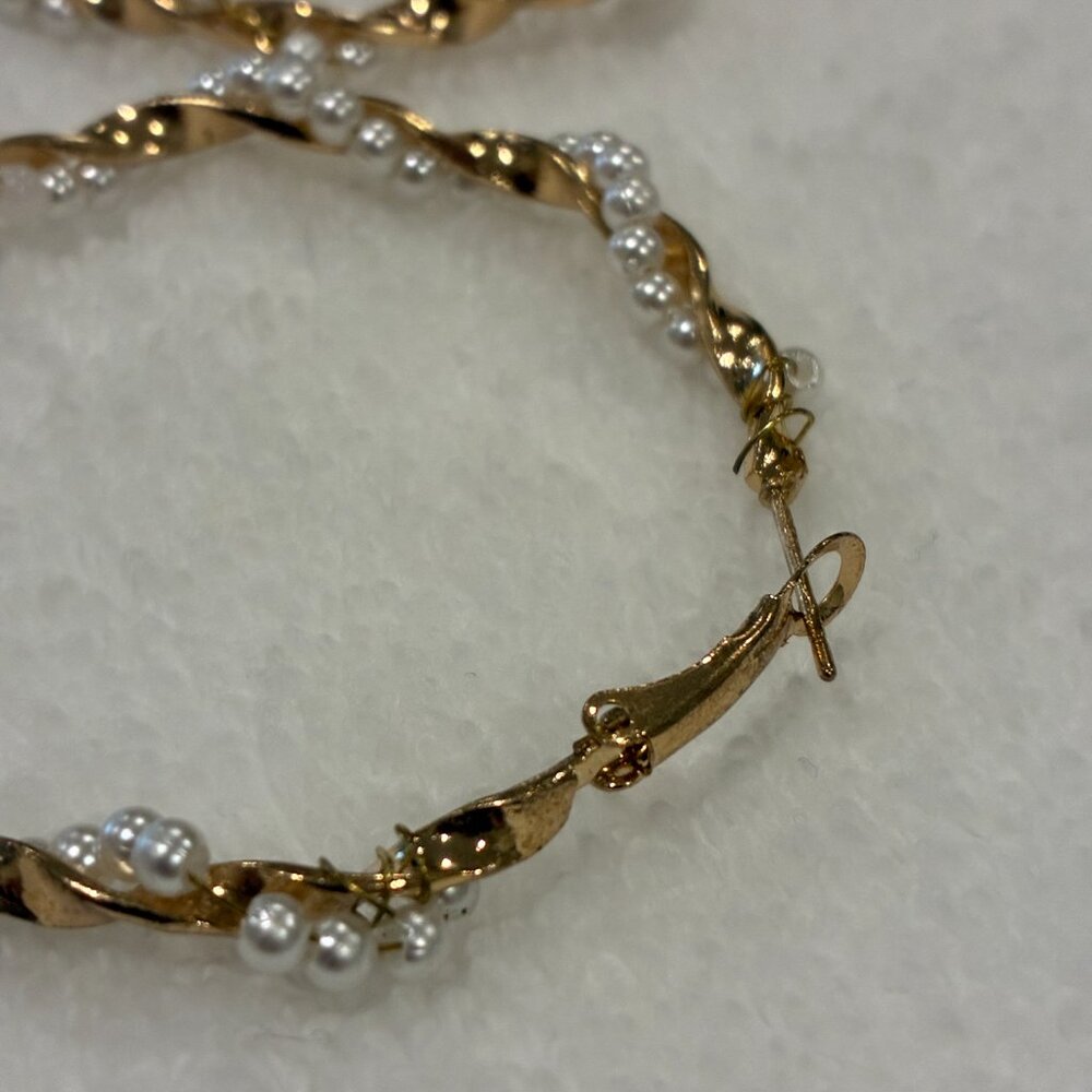 Faux Pearl & Gold Plated Twist Hoop Earrings - Picture 7 of 9